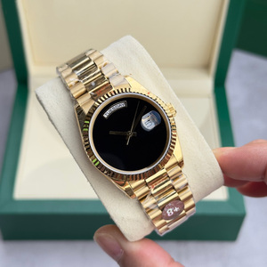 Hiển thị lịch kép mặt số màu đen trơn không có dấu hiệu sang trọng đầy đủ vàng thép không gỉ Dây đeo đồng hồ cơ cho người kinh doanh - Product Image 4