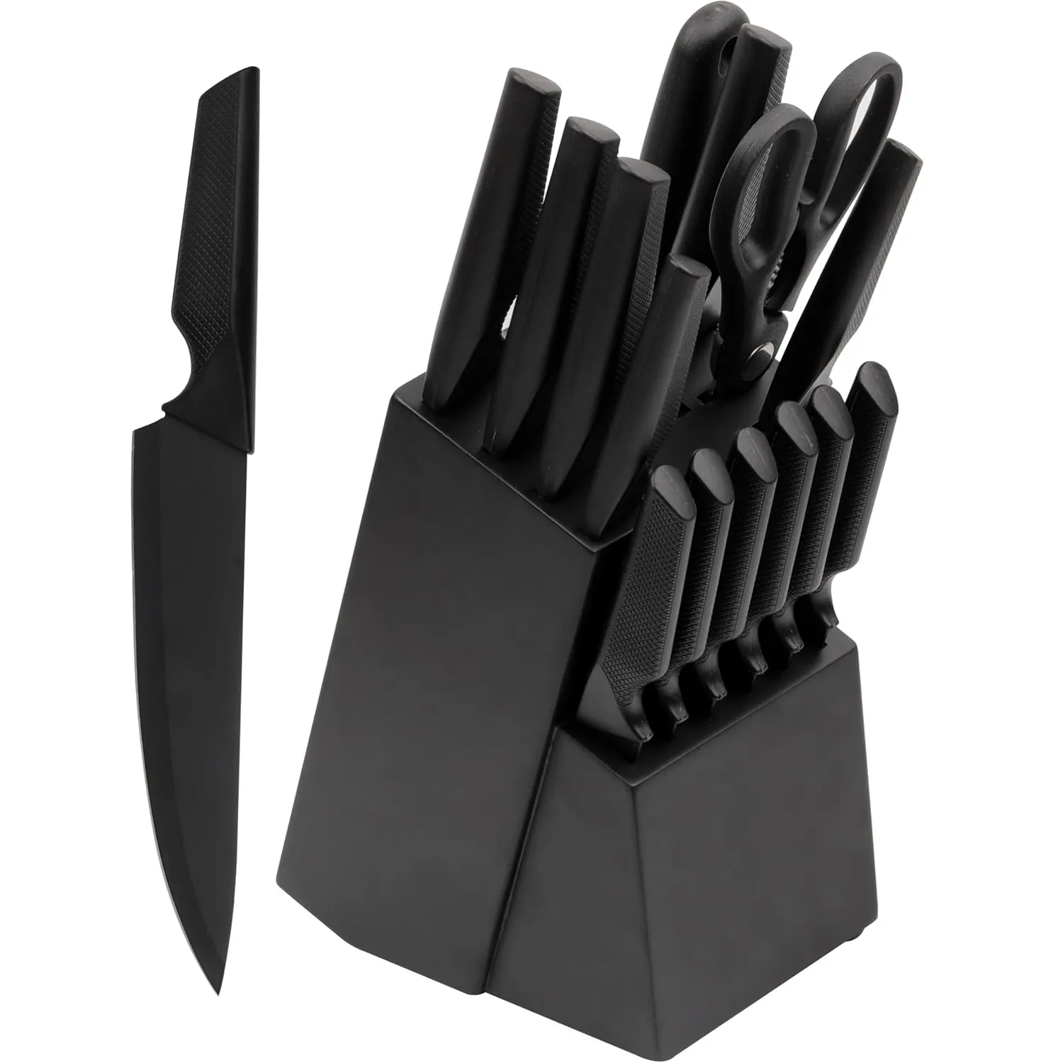 Lot de 15 couteaux de cuisine professionnels en acier inoxydable avec revêtement noir antiadhésif et porte-couteau