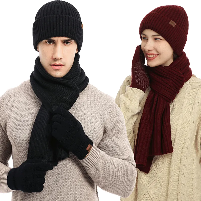Autumn and winter new EUR and USA knitted hat suit men women winter solid color scarf hat three-piece set
