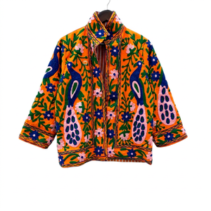 Hand Embroidered Floral Cotton Coat Mandarin Collar Three Quarter Sleeve Bohemian Plus Size Women's Casual Outerwear - Product Image 1