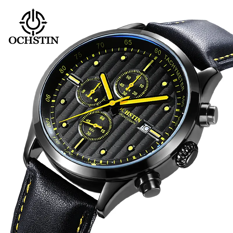 OCHSTIN 6042 hot sell black men quartz watch superior Genuine Leather Strap water resist date display vintage casual reloj watch