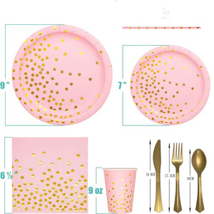 Ensemble de vaisselle jetable en papier à pois de forme ronde en rose, noir et or pour les enfants et les fêtes du Nouvel An, décorations de table - Product Image 6