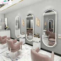 Miroirs de salon de coiffure ovales grands, modernes, portables, décoratifs, en verre, dorés, sur pied, avec éclairage, vente en gros