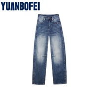 YUANBOFEI Jean Tendance Style Boyfriend Nouveau Modèle Ample Bleu Jambe Droite Évasée Taille Haute Denim Respirant