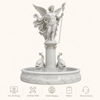 Fontaine de luxe en marbre Ventus avec statue, cape ailée, épis de blé, bâton tourbillonnant, fonction aquatique, éclairage RGB/Laser dauphin, IP68