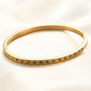 Stainless Steel Open <b>Bangle</b> 4Mm Oval Diamond <b>Set</b> Geometric Design Unisex Jewelry Gift Fashion Bracelet - Product Image 4