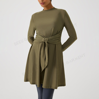 Burkini Vert Armée Personnalisé pour Femme, Maillot de Bain Modeste Couvrant Entièrement, Tunique de Bain Musulmane à Manches Longues avec Nœud sur le Devant et Legging