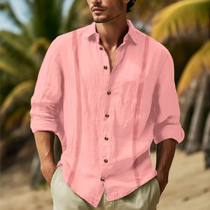 2024 printemps et automne nouvelle couleur unie coton et lin mélange <span class=keywords><strong>Collage</strong></span> revers à manches longues décontracté hommes chemise - Product Image 5