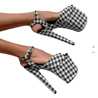 Chaussures de pole dance sexy à talon ouvert de 20 cm, à lacets, motif pied-de-poule, pour l'extérieur, avec semelle intérieure confortable et souple, pour l'été