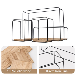 Set of 4 Wall Mounted Floating <b>Shelves</b> Black Metal Wire & Wood Wall Storage Organizer <b>for</b> Living Room <b>Kitchen</b> & Bedroom - Product Image 5