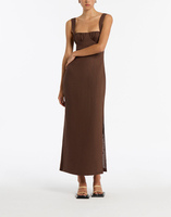 Haute qualité été sans manches tenue décontractée pour les femmes italie Corset mince haute fendu lin fait col carré Maxi longueur robes