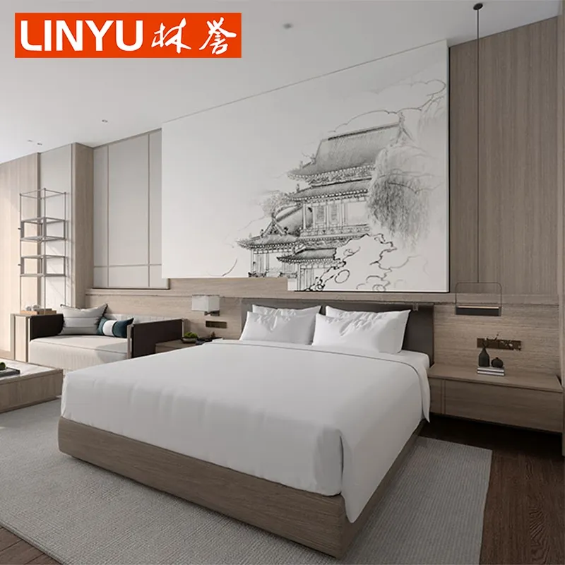 Nieuwe Chinese Stijl 2022 Foshan Modern Star Hotel Suite Standaard Kamer Meubilair Op Maat Bed Kingsize Twin Bed Hoofdeinde Box Set