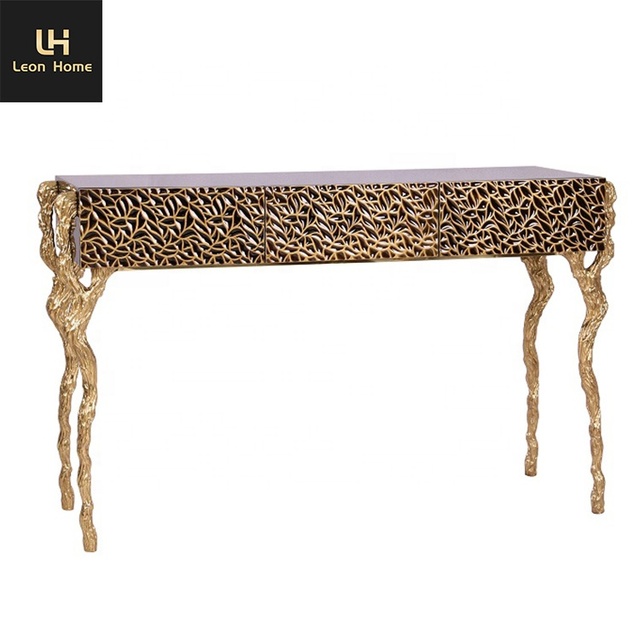 Customized Luxury Royal Rectangular Copper Vintage Carved Console Table With Copper Tree Root Legs