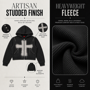 Sweat-shirt à capuche court zippé en molleton noir Elite Gothic Archive avec motif croix peint au pistolet et détails cloutés - Product Image 3