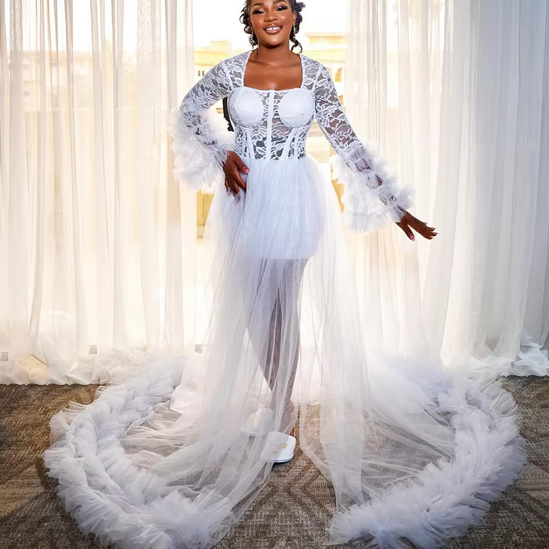 White Lace Wedding Dresses Bride Robe Long Sleeve Side Split Inside Short Sheath Skirt Tiered Bridal Shower Dress Customized| Alibaba.com White Lace Wedding Dresses Bride Robe Long Sleeve Side Split Inside Short Sheath Skirt Tiered Bridal Shower Dress Customized| Alibaba.com