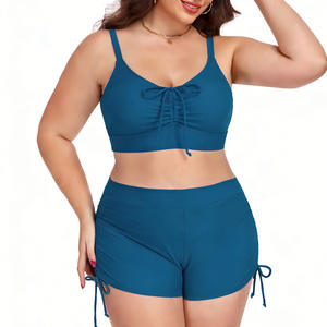 Traje de baño de dos piezas para mujer, talla grande, color sólido, conjunto de bikini de cintura alta con detalle de cordones, ropa de playa para tallas grandes - Product Image 4