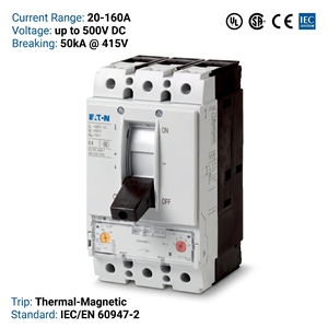 เบรกเกอร์แบบหล่อขึ้นรูป NZM ซีรีส์ NZMH1-A125-DC-AS 125A 3P CE CCC ISO สำหรับระบบผลิตพลังงานแสงอาทิตย์ - Product Image 3
