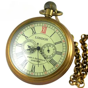 Montre de poche mécanique antique en cuivre, à remontage manuel, avec chaîne FOB, chiffres romains, format 12/24 heures, style vintage, objet de collection - Product Image 1