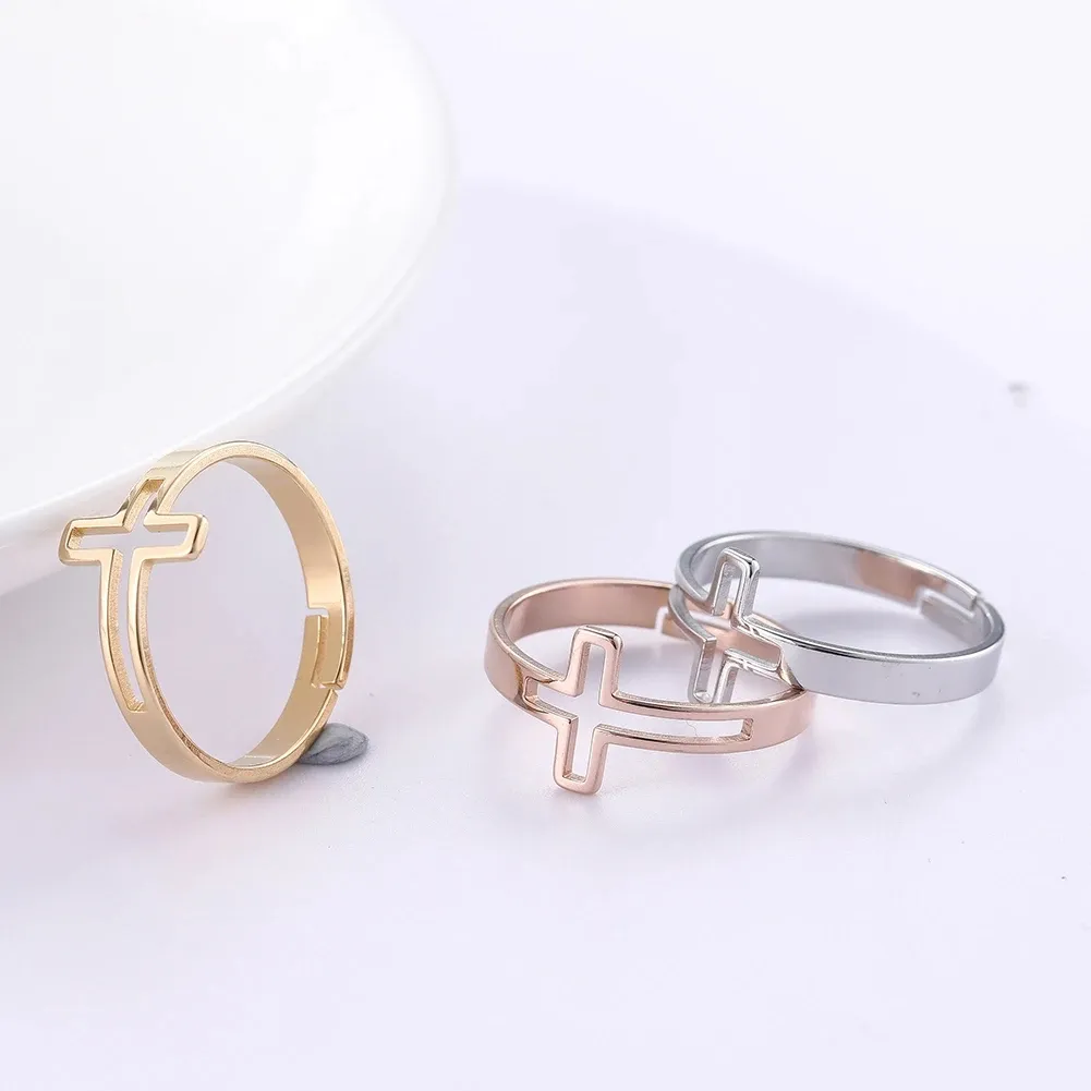 Anillo cruzado de acero inoxidable de tendencia 2023, anillos de dedo abiertos de Color dorado para mujeres, joyería cristiana de Jesús, regalos para amigos, nuevo