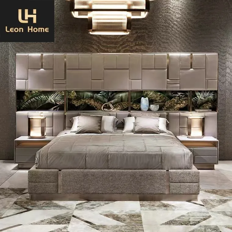 Italian latest luxury bedroom furniture high end leather double bed big headboard luxury modern king size bed