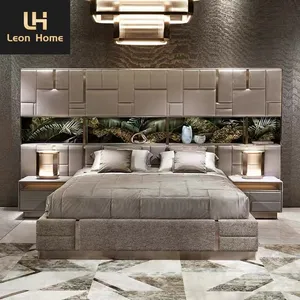Итальянская новейшая роскошная мебель для спальни, Высококачественная кожаная двуспальная кровать, большая изголовье, роскошная современная кровать королевского размера