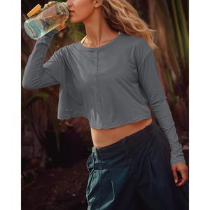 FOXA Womens Open Back <b>Crop</b> <b>Top</b> <b>Long</b> <b>Sleeve</b> Breathable Yoga Workout Shirt Athletic Running Casual Fit - Product Image 2