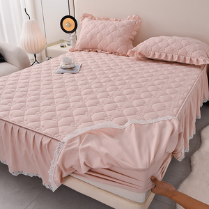 Soybean-padded <b>Fitted</b> <b>Sheet</b> Bed Skirt Integrated Dustproof Cover Set 0.9m Bed Solid Color Breathable Mattress Protector - Product Image 1