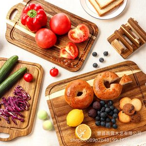 Tabla de cortar de madera de doble cara con ranura para preparación de alimentos en la cocina, forma rectangular, uso doméstico - Product Image 1