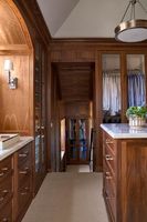 Armoire de luxe Vermonhouzz en bois foncé avec portes vitrées et éclairage LED, dressing intégré avec tiroirs