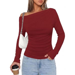 Off The Shoulder <b>Top</b> For Women Long Sleeve Fitted Ribbed Ruched Y2K Style Casual Wear - Product Image 4