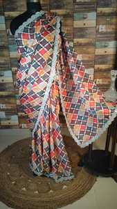 Sari en soie traditionnel multicolore pour femmes, motif géométrique, bordure en dentelle, imprimé à l'écran, tenue de soirée, indien, pakistanais - Product Image 2