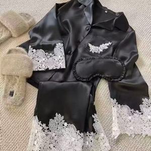 <span class=keywords><strong>Pigiama</strong></span> Estivo da Donna Due Pezzi Lungo Sexy in Pizzo Motivo Tinta Unita in Seta Artificiale con Colletto Alto - Product Image 6