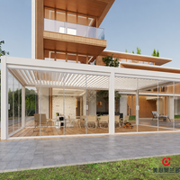 Pergola bioclimatique motorisée en aluminium et verre trempé MEIXIN ORLANDO, pour jardin d'hôtel de luxe moderne, terrasse extérieure.