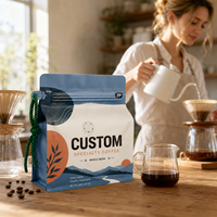 Sachet de café en aluminium à fond plat avec fermeture éclair et valve unidirectionnelle, haute barrière anti-humidité, vente en gros OEM