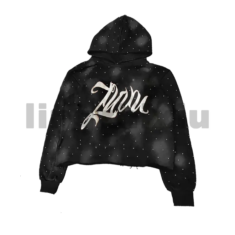 Moda kazak özelleştirmek asit yıkanmış Unisex 400 gsm Hoodie puf baskı lüks tasarımcı Rhinestone kırpılmış ham Hem Hoodie erkekler