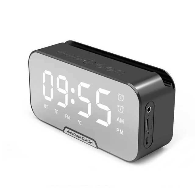 Mirror LED Alarm Clock FM Radio Wireless for 5.0 Speaker Digital Display Table Clock Dual Alarm Portable Battery