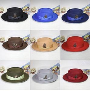 Custom High Quality Faux Wool Fedora <b>Hat</b> Fashion Men Sombreros Telescope Crown Pork Pie Boater <b>Hat</b> With Feather Satin Lining - Product Image 2