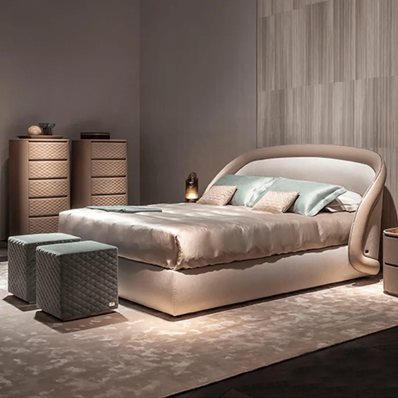 Lüks yatak odası mobilyası yumuşak yuvarlak başlık kraliçe deri kılıf çift kişilik yatak yüksek son ana oda çift kişilik yatak