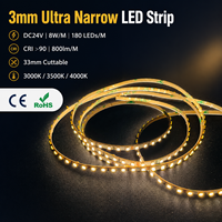 Bande LED super fine de 3 mm, 24 V, flexible, 180 LED/m, haute densité, éclairage sous armoire pour étagères et placards