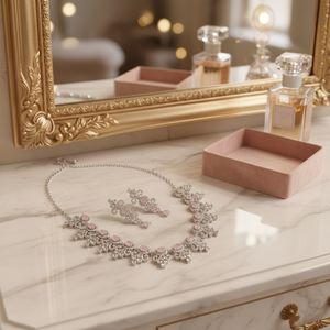 <b>Pink</b> Rhinestone Bridal Chandelier Necklace Earrings Set Classic Elegant Tibetan Silver Wedding Jewelry MEWAR ART - Product Image 3