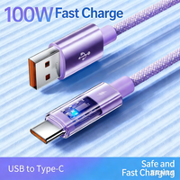 Kabel USB Type C ke Type C Transparan 100W PD Fast Charging dengan Layar LED, Kabel Data Pengisian Cerdas 2M Berbahan Nilon Kepang