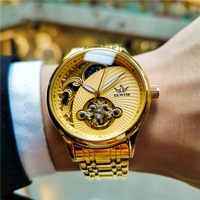 Montre mécanique automatique vintage pour homme, squelette ajouré, phase de lune, lumineuse, en acier inoxydable, résistante à l'eau 30M