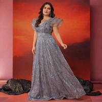 Robe de soirée trapèze grande taille en sequins or champagne avec col en V en organza à volants pour femme – Vente en gros