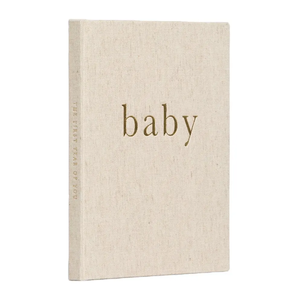 Diario de bebé personalizable de lujo, libro de recuerdo de bebé encuadernado de lino con logotipo en relieve dorado y caja de tapa dura de lino