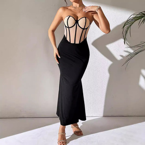 New Trend Sexy Apricot Mesh Fishbone Patchwork French <b>Black</b> Hip Hugging Long Skirt Sexy and Fashionable Women's Long Skirt - Product Image 2