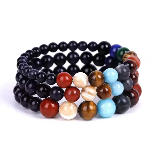 Fabriek Hot Selling 8Mm Blauw Zand Natuursteen Elf Sterren Zonnestelsel Charm Kralen Armbanden Acht Mode Sieraden Armband