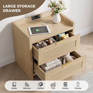 Modern Drawer Nightstand with Charging Port Rattan Mesh Drawers <b>Storage</b> Modern <b>Side</b> End <b>Table</b> Bedside Cabinet for Bedroom Decor - Product Image 4