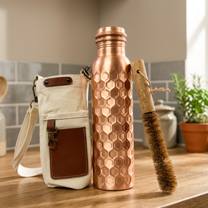 Pure Copper Eco-friendly Water <b>Bottle</b> Hexagon Pattern Portable Travel with Cleaning <b>Brush</b> Minimalist Design Home Use - Product Image 1