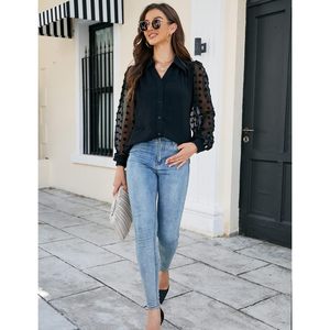 Blusa Elegante de Gasa para Mujer, Manga Larga, con Botones, Transparente, para Trabajo, Color Negro - Product Image 5