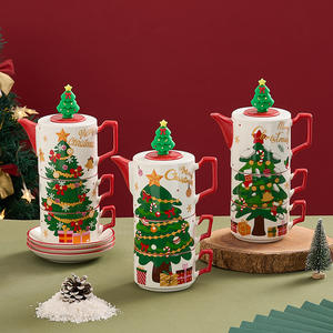 Théière en céramique de Noël, ensemble cadeau de Noël très vendu, service à thé plaqué or, deux tasses, compatible lave-vaisselle et micro-ondes, réutilisable - Product Image 5